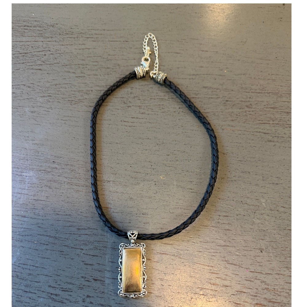 vintage Boho Braided Black Cord Necklace  Silver Tone Rectangular Amber Pendant